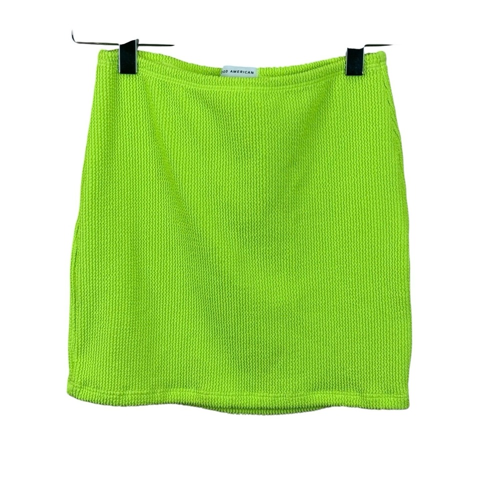 Good American Electric Green Flat Front Stretch Crinkle Mini Skirt Womens Sz 1/2